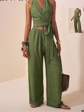 SHEIN Olive Green Wide-Leg Wrap Jumpsuit with Tie Waist